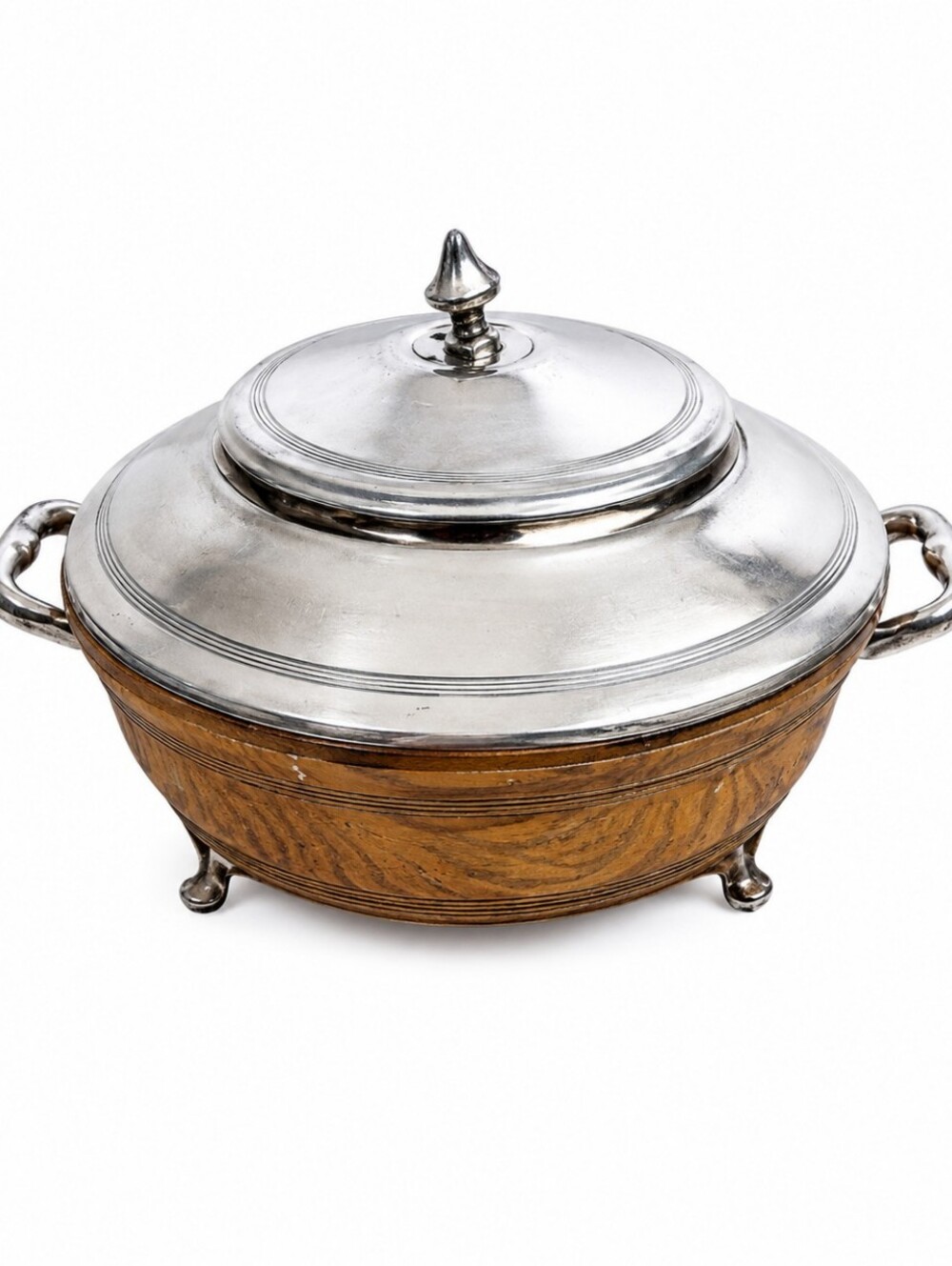 Vintage Silver Tone Covered Serving Dish Round Footed Bowl Double Handle